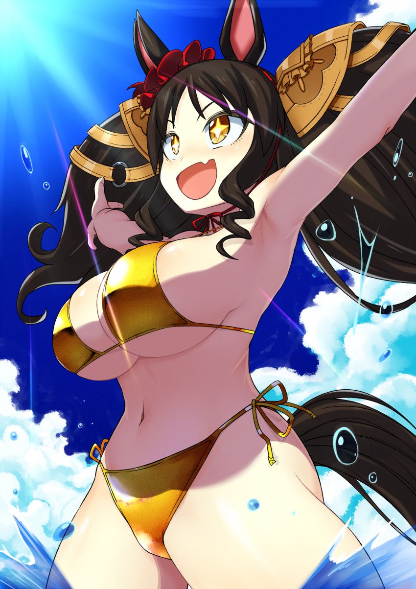 1girl animal_ears bikini black_hair breasts cloud commentary fang highres horse_ears horse_girl horse_tail large_breasts lens_flare looking_to_the_side marvelous_sunday_(umamusume) navel outstretched_arms sky solo spread_arms swimsuit tail twintails umamusume water zasshu_nigou