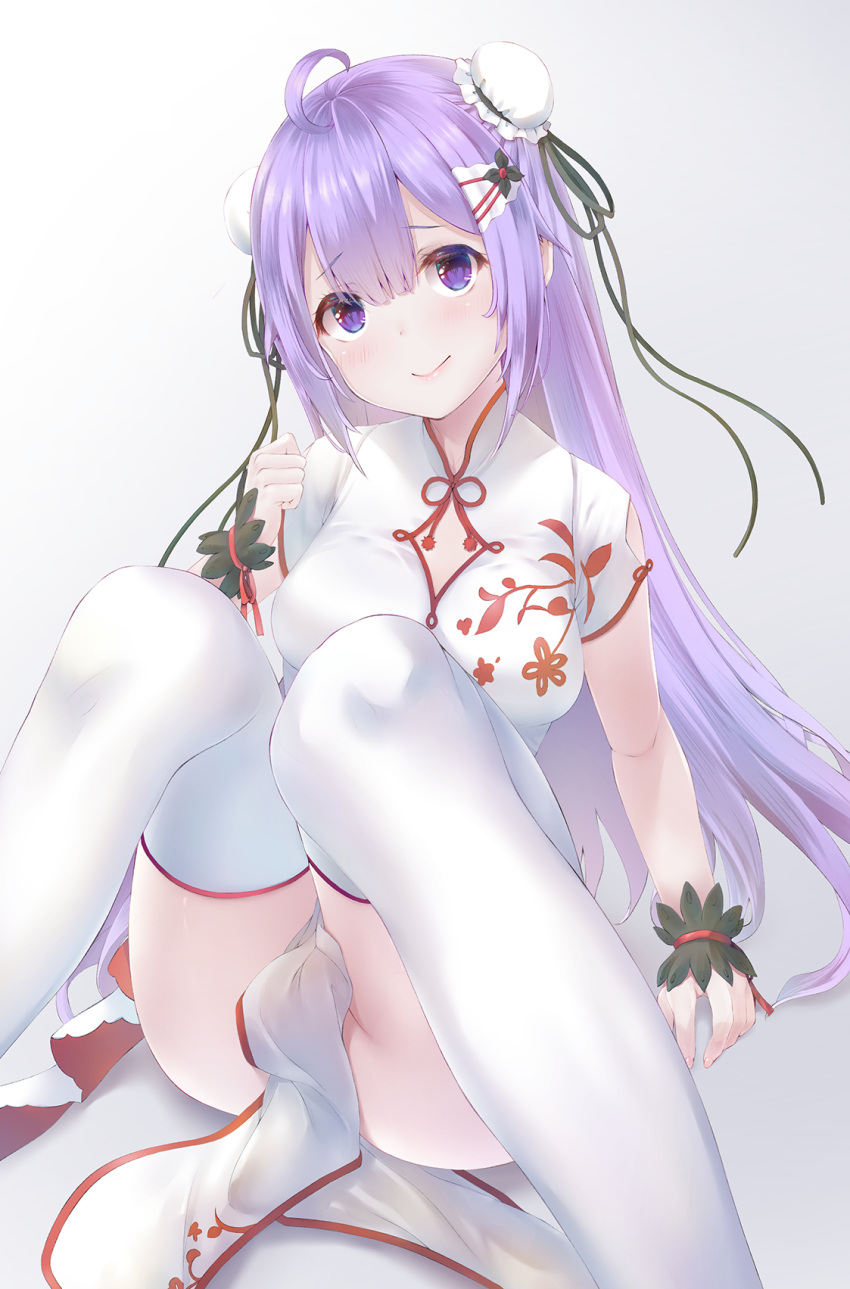 1girl ahoge azur_lane bangs breasts bun_cover clenched_hand closed_mouth commentary_request double_bun dress eyebrows_visible_through_hair feet_out_of_frame gradient gradient_background grey_background hair_between_eyes hand_up highres knees_together_feet_apart knees_up long_hair medium_breasts nakazawa_aki pelvic_curtain purple_eyes purple_hair short_sleeves sitting smile solo thighhighs unicorn_(azur_lane) unicorn_(the_gift_of_spring)_(azur_lane) very_long_hair white_background white_dress white_legwear wrist_cuffs
