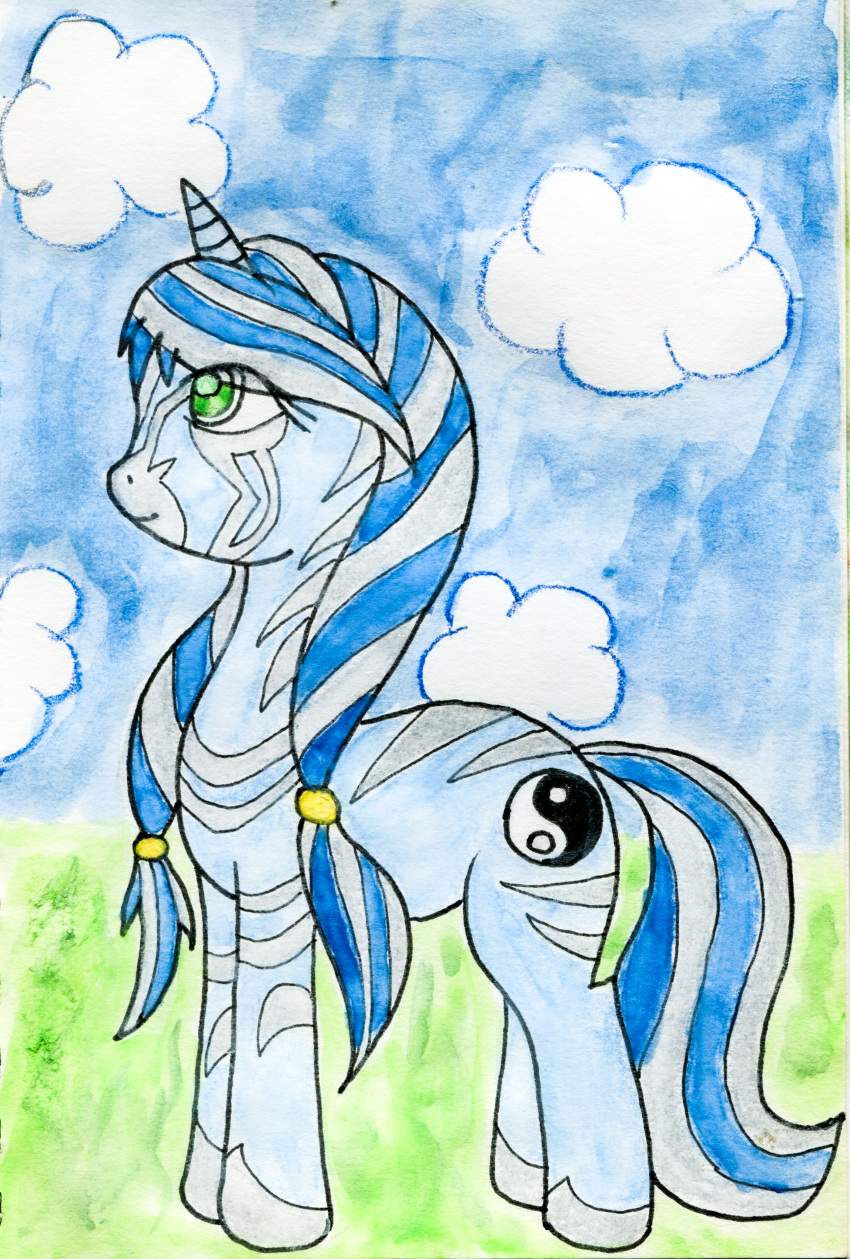 absurd_res blue_body cloud cutie_mark equid equine eyelashes female full-length_portrait green_eyes hi_res horn horse hybrid mammal my_little_pony painting_(artwork) pigtails pony pony-zebra_hybrid portrait striped_body stripes traditional_media_(artwork) watercolor_(artwork) white_stripes zebra