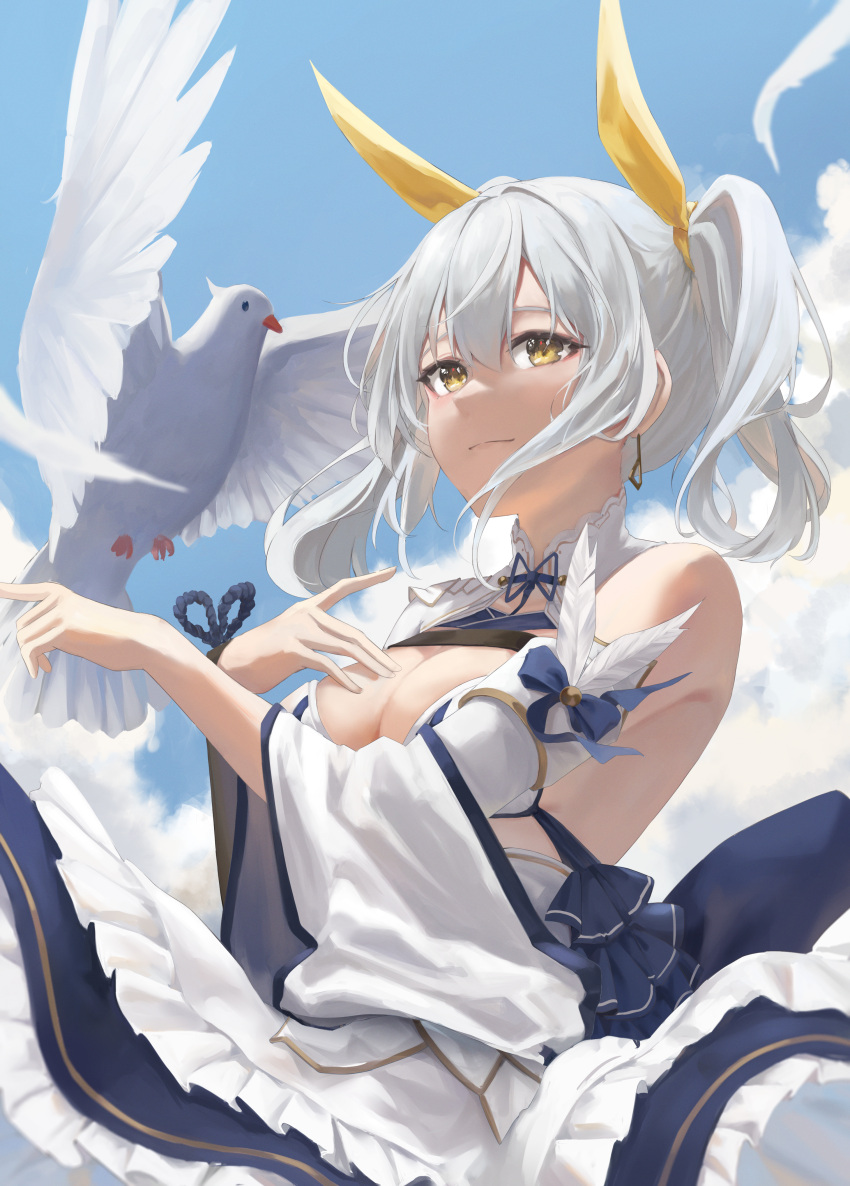 1girl absurdres aoi_13 bangs bird blue_sky breasts cleavage cloud cloudy_sky detached_sleeves dress english_commentary eyebrows_behind_hair frilled_dress frills hair_between_eyes hair_ribbon highres medium_breasts original ribbon short_twintails sidelocks silver_hair sky solo twintails white_dress white_sleeves yellow_eyes yellow_ribbon