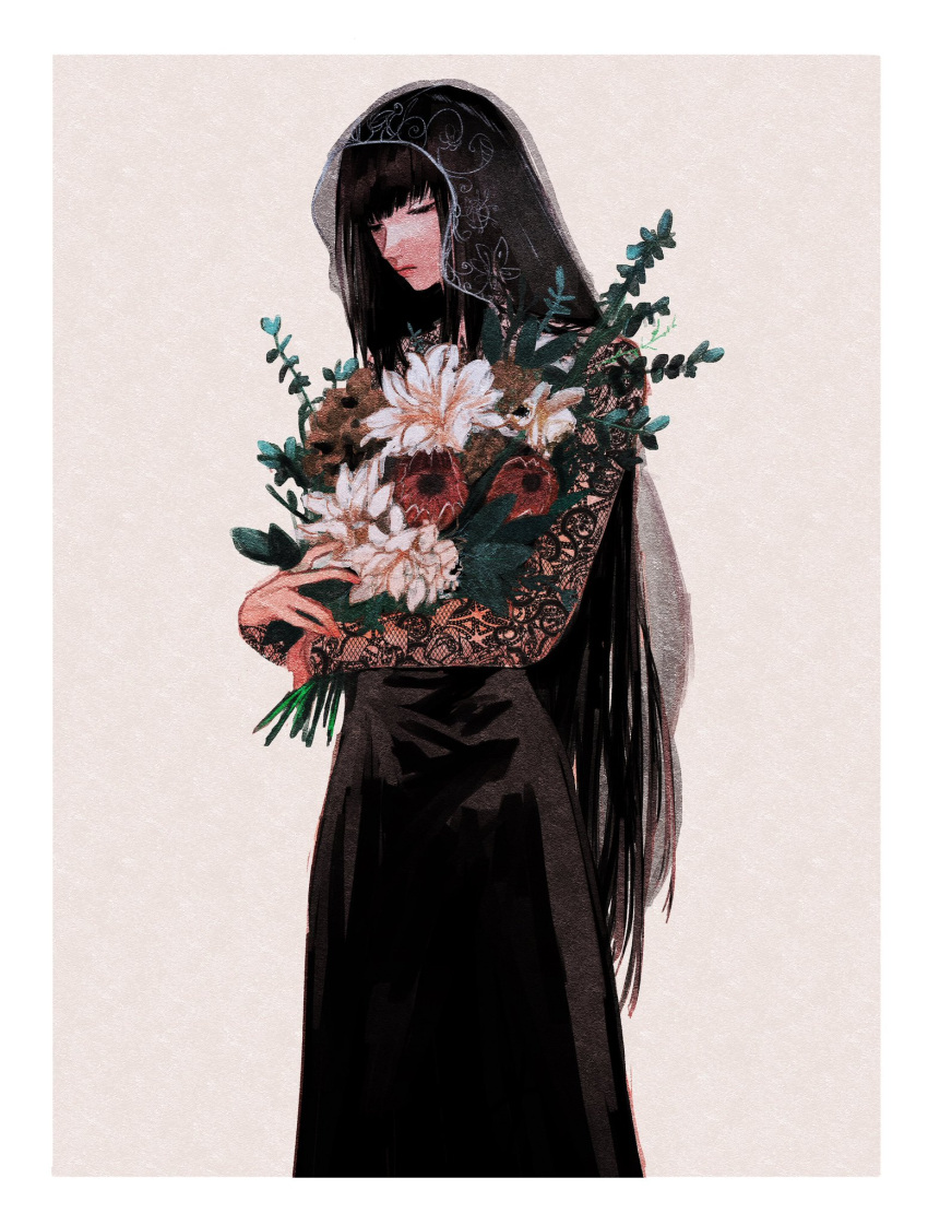 1girl arms_at_sides black_dress black_hair bouquet closed_eyes closed_mouth dress feet_out_of_frame flower highres holding holding_bouquet leaf long_hair osaragi_(sakamoto_days) own_hands_together red_flower sakamoto_days see-through_sleeves simple_background solo sonono71 standing veil white_flower
