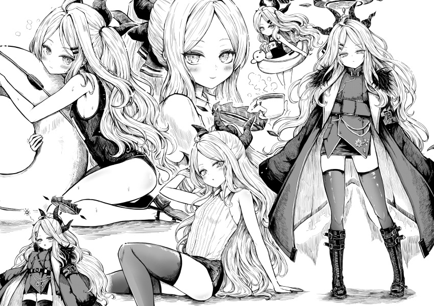 1girl ahoge bangs bare_legs blue_archive blush boots closed_mouth coat coffee_mug collared_shirt cup greyscale halo haruyukiko highres hina_(blue_archive) holding holding_cup horns innertube jacket knee_boots long_hair long_sleeves monochrome mug multiple_horns multiple_views one-piece_swimsuit open_clothes open_coat parted_bangs sandals shirt short_shorts shorts sitting sleeveless sleeveless_shirt smile standing swimsuit thighhighs very_long_hair