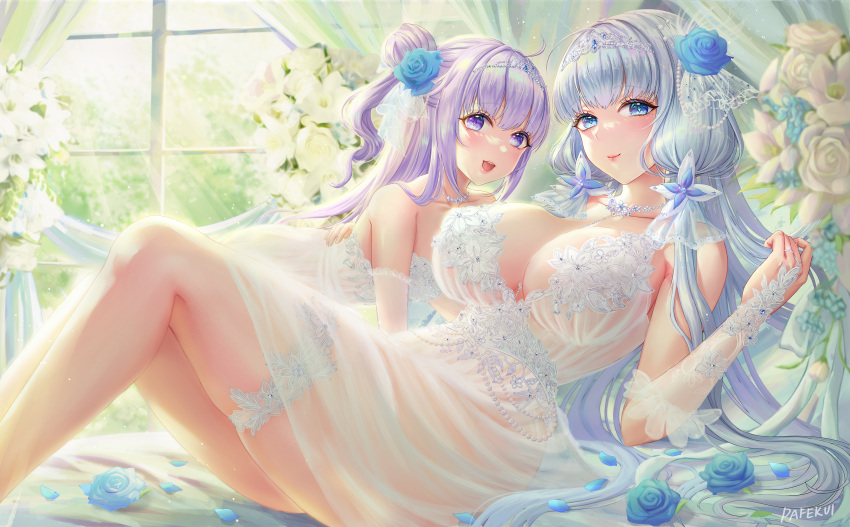 2girls absurdres alternate_costume azur_lane blue_flower blue_rose breasts dress flower garters gloves hair_flower hair_ornament hand_on_another's_back highres illustrious_(azur_lane) jewelry looking_at_viewer multiple_girls necklace pafekui partially_fingerless_gloves rose thighs tiara unicorn_(azur_lane) wedding_dress