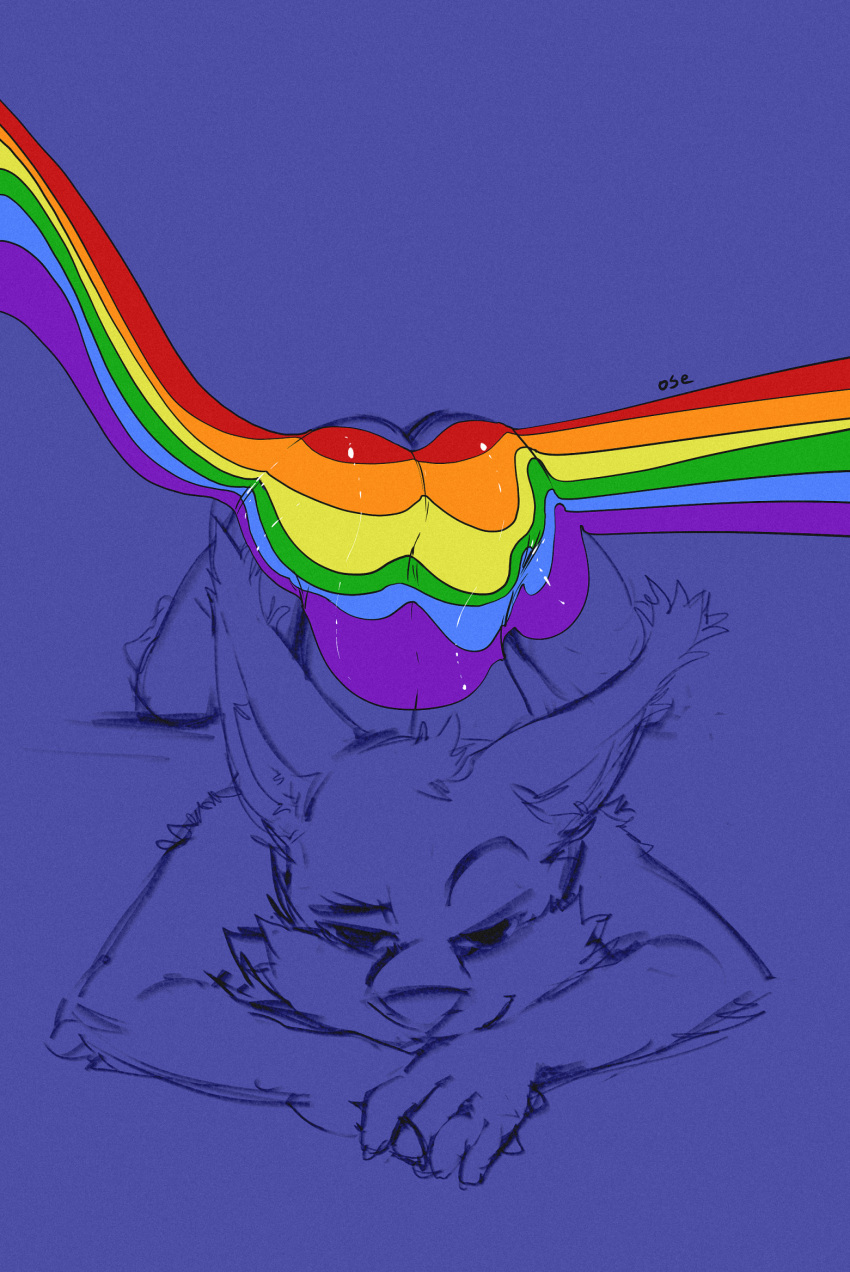 ambiguous_gender anthro ass_up biped butt cheek_tuft ear_tuft elbow_tufts eyebrows facial_tuft front_view head_tuft hi_res inner_ear_fluff lgbt_pride looking_at_viewer lying narrowed_eyes on_front oselotti partially_colored pride_colors shoulder_tuft sketch smile solo tuft