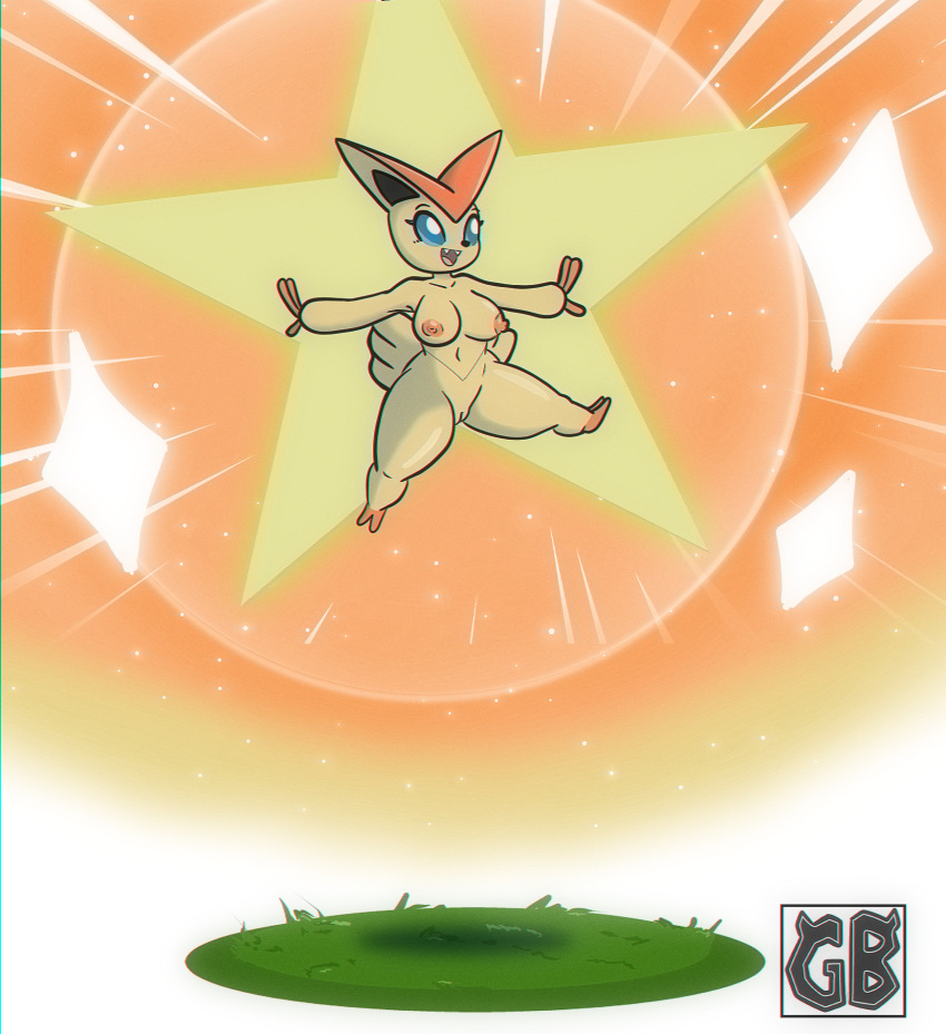 blue_eyes female floating fur hi_res legendary_pok&eacute;mon lights nintendo orange_body orange_fur pok&eacute;mon pok&eacute;mon_(species) short_stack smile sparkles speed_lines star terryeternity victini video_games yellow_body yellow_fur