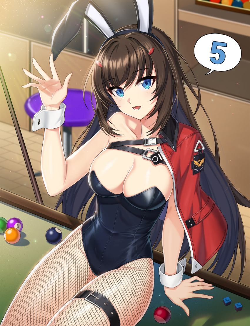 1girl :d absurdres animal_ears ball bangs billiard_ball billiard_chalk billiards black_hairband black_leotard blue_eyes breasts brown_hair buckle chest_strap cleavage collarbone collared_jacket counter:side cue_stick eyebrows_visible_through_hair fake_animal_ears fishnet_legwear fishnets glint groin hair_ornament hairband hand_on_table hand_up head_tilt highleg highleg_leotard highres jacket jacket_on_shoulders leaning_back lens_flare leotard light long_hair low_neckline medium_breasts numbered official_art open_mouth playboy_bunny rabbit_ears red_jacket seo_yoon shadow shiny shiny_hair sidelocks single_bare_shoulder sitting sitting_on_table smile solo speech_bubble spread_fingers stool strapless thigh_strap very_long_hair wrist_cuffs