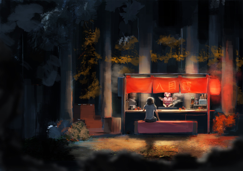 2girls arm_support bench bird_wings black_hair black_skirt bottle bush closed_eyes closed_mouth commentary crate cup dress feathered_wings food food_stand forest grill grilling highres leaf multiple_girls mystia_lorelei nature night no_hat no_headwear notebook obi on_bench paper pen pink_dress pink_hair puffy_short_sleeves puffy_sleeves sash scenery shameimaru_aya shirt short_hair short_sleeves sitting skirt smile taku_(munokoro) touhou tree white_shirt wide_shot wings