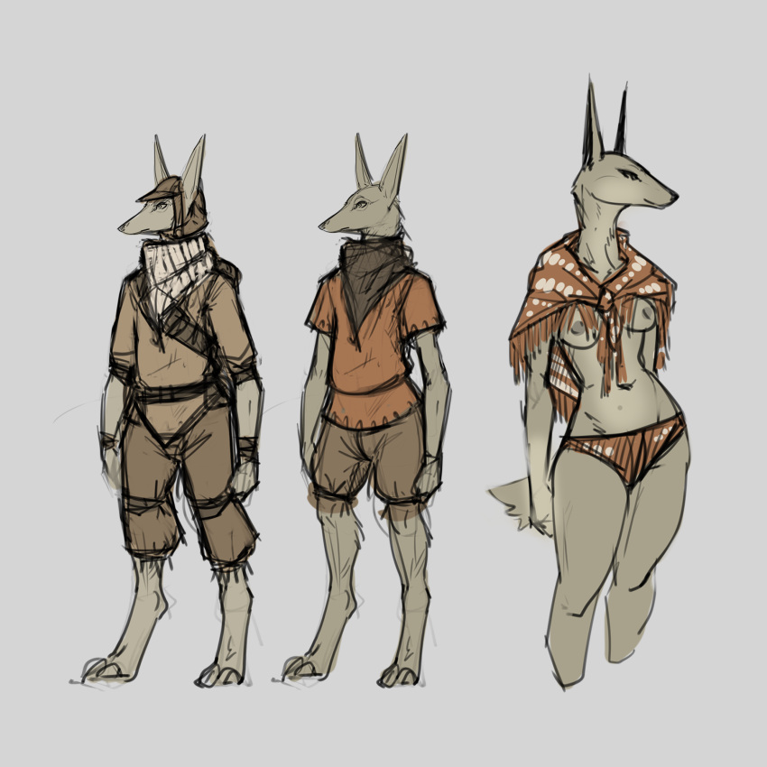 anthro bottomwear breasts clothed clothing concept_art digitigrade exposed_breasts female fur grey_background group hat headgear headwear hi_res male nipples pants partially_clothed patecko pattern_clothing reference_image rhyn_(species) shawl shemagh shorts simple_background tan_body tan_fur underwear