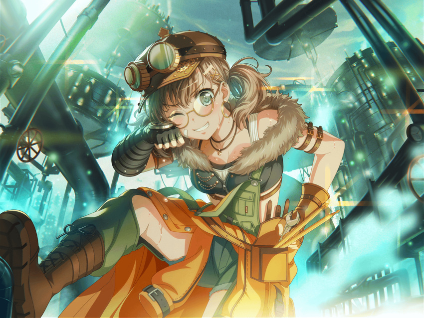 1girl artist_request asymmetrical_gloves bandage_on_face bandages bang_dream! bangs bent_over boots brown_hair clenched_hand clothes_around_waist earrings factory from_below fur_trim glasses gloves goggles goggles_on_headwear green_eyes grin hair_ornament hairclip hat industrial jacket jacket_around_waist jewelry looking_at_viewer looking_down messy_hair midriff_peek mismatched_gloves official_art one_eye_closed orange_jacket overalls pants pipes smile steampunk strap sweat teeth thigh_gap twintails wiping_face work_gloves wrench yamato_maya