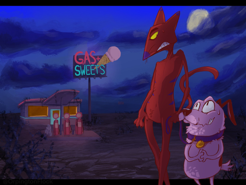 0rpington 4:3 anthro black_ears black_eyebrows black_eyes black_nose black_spots bodily_fluids canid canine canis cartoon_network clasped_hands clenched_teeth cloud cloudscape collar collar_only courage_the_cowardly_dog courage_the_cowardly_dog_(character) dark detailed_background dirt domestic_cat domestic_dog door duo english_text eye_contact eyebrows felid feline felis fur gas_station hi_res holding_leash holding_object hungry interspecies katz_(courage_the_cowardly_dog) leash light looking_at_another looking_back looking_down looking_up male male/male mammal markings moon moonlight night nude pink_body pink_fur plant pupils purple_ears purple_nose red_body red_fur shrub sign size_difference sky slit_pupils spots spotted_body spotted_fur spotted_markings standing store striped_body striped_fur striped_markings stripes sweat sweatdrop tail_motion tailwag teeth text thick_eyebrows whiskers window yellow_sclera