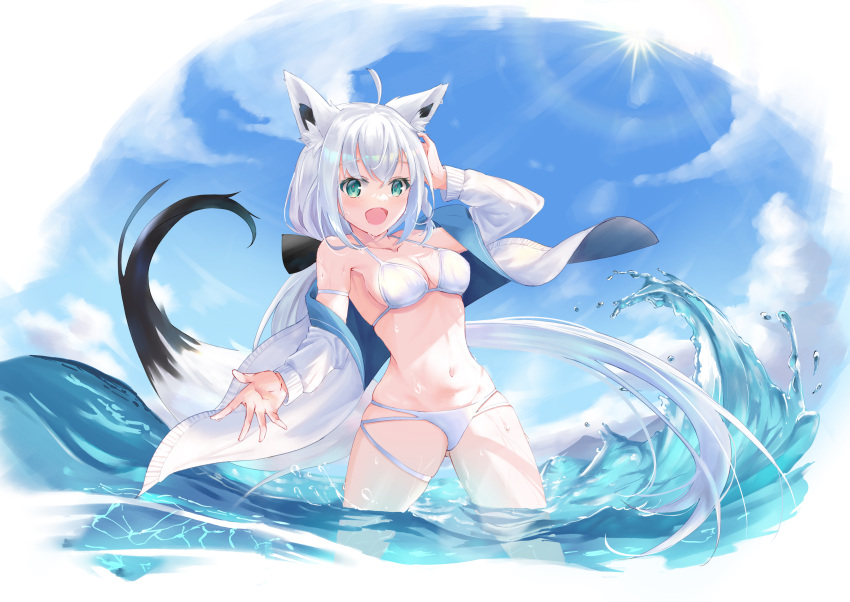 1girl absurdres ahoge animal_ear_fluff animal_ears bangs bikini black_bow blush bow braid breasts cleavage commentary_request day eyebrows_visible_through_hair fox_ears fox_girl fox_tail green_eyes hair_between_eyes hair_bow hand_in_own_hair highres hololive jacket long_hair looking_at_viewer mizuren navel ocean open_clothes open_hand open_jacket open_mouth outdoors shirakami_fubuki sidelocks single_braid small_breasts solo swimsuit tail very_long_hair virtual_youtuber white_bikini white_hair white_jacket