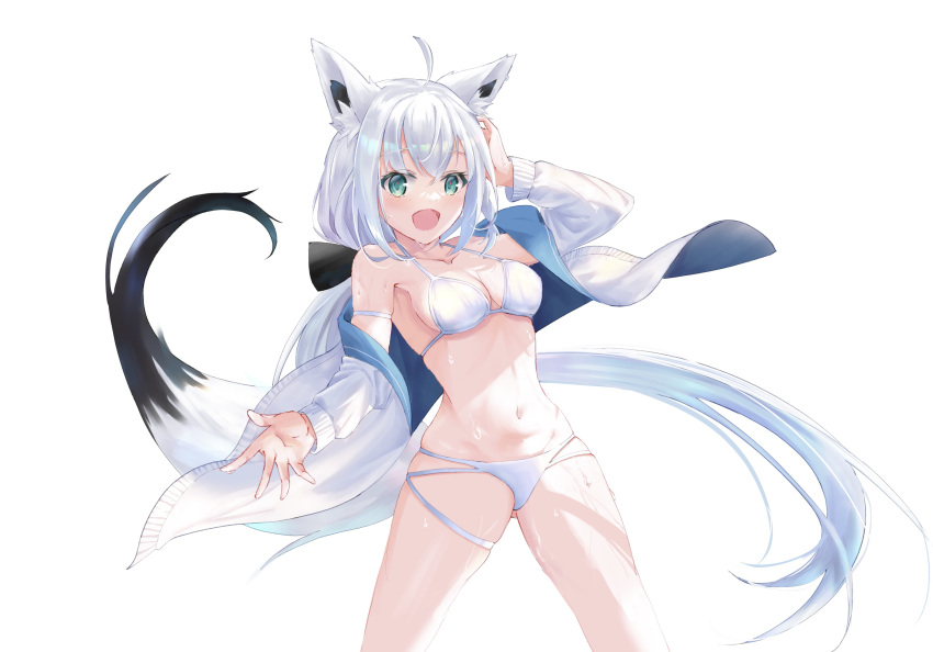 1girl ahoge animal_ear_fluff animal_ears bangs bikini black_bow blush bow braid breasts cleavage commentary_request eyebrows_visible_through_hair fox_ears fox_girl fox_tail green_eyes hair_between_eyes hair_bow hand_in_own_hair highres hololive jacket long_hair looking_at_viewer mizuren navel open_clothes open_hand open_jacket open_mouth shirakami_fubuki sidelocks simple_background single_braid small_breasts solo swimsuit tail very_long_hair virtual_youtuber white_background white_bikini white_hair white_jacket