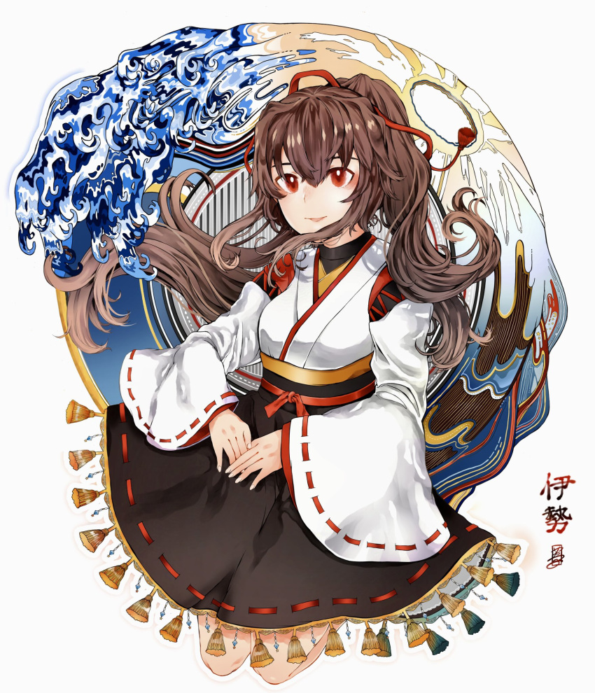 1girl adapted_costume alternate_sleeve_length brown_eyes brown_hair brown_hakama full_body hair_ribbon hakama highres ise_(kancolle) ise_kai_ni_(kancolle) japanese_clothes jitsukawa_ashi kantai_collection long_hair ponytail ribbon solo undershirt