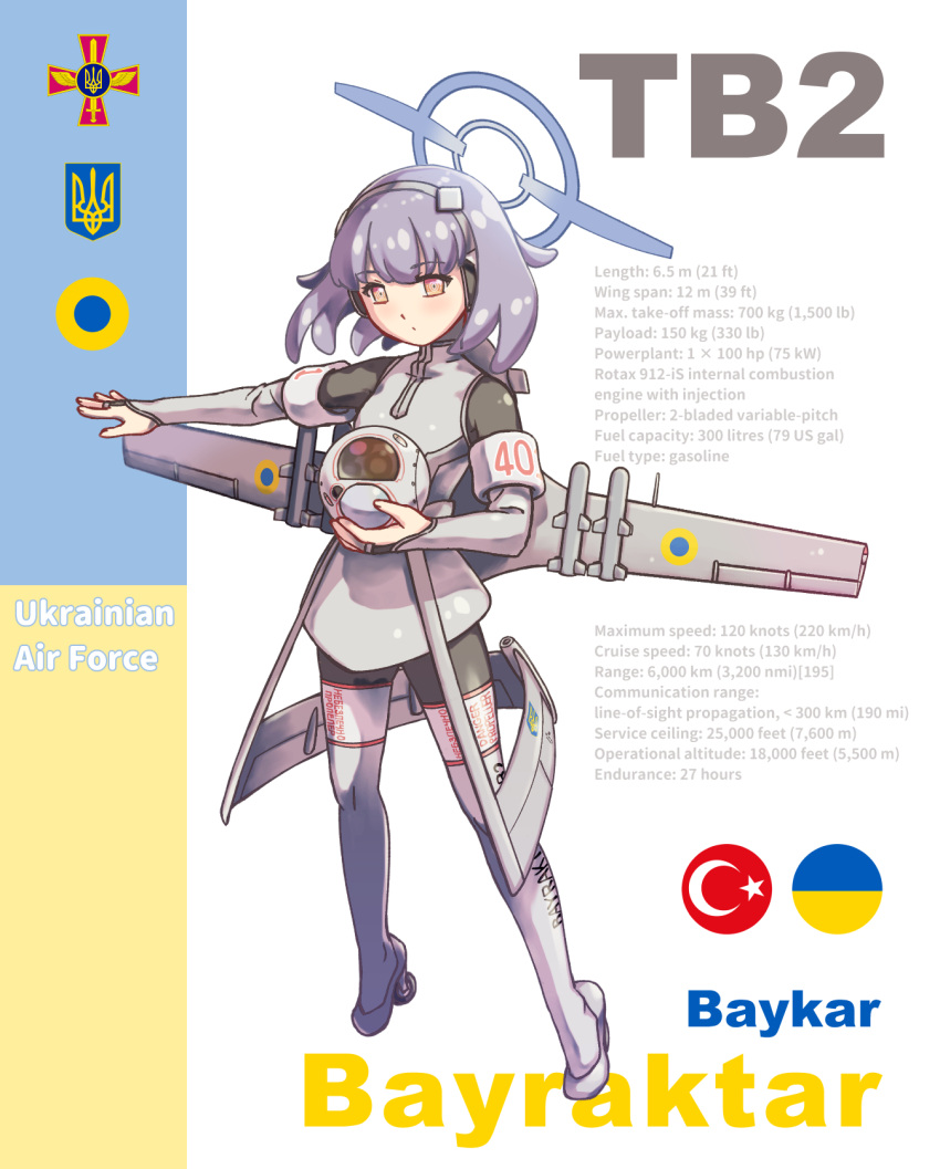 1girl acea4 airplane_wing bayraktar black_bodysuit bodysuit boots brown_eyes drone english_text grey_hair halo high_heel_boots high_heels highres long_sleeves mecha_musume original personification russo-ukrainian_war short_hair solo thigh_boots thighhighs turkey_(country) ukraine