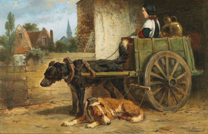 19th_century absurd_res ambiguous_gender ancient_art black_body black_fur brown_body brown_fur brown_hair building canid canine canis cart clothed clothing day detailed_background digitigrade domestic_dog feral fur group hair henriette_ronner-knip hi_res house human light_body light_skin mammal multicolored_body multicolored_fur oil_painting_(artwork) outside painting_(artwork) public_domain quadruped signature sitting sky standing traditional_media_(artwork) two_tone_body two_tone_fur wheel white_tail_tip
