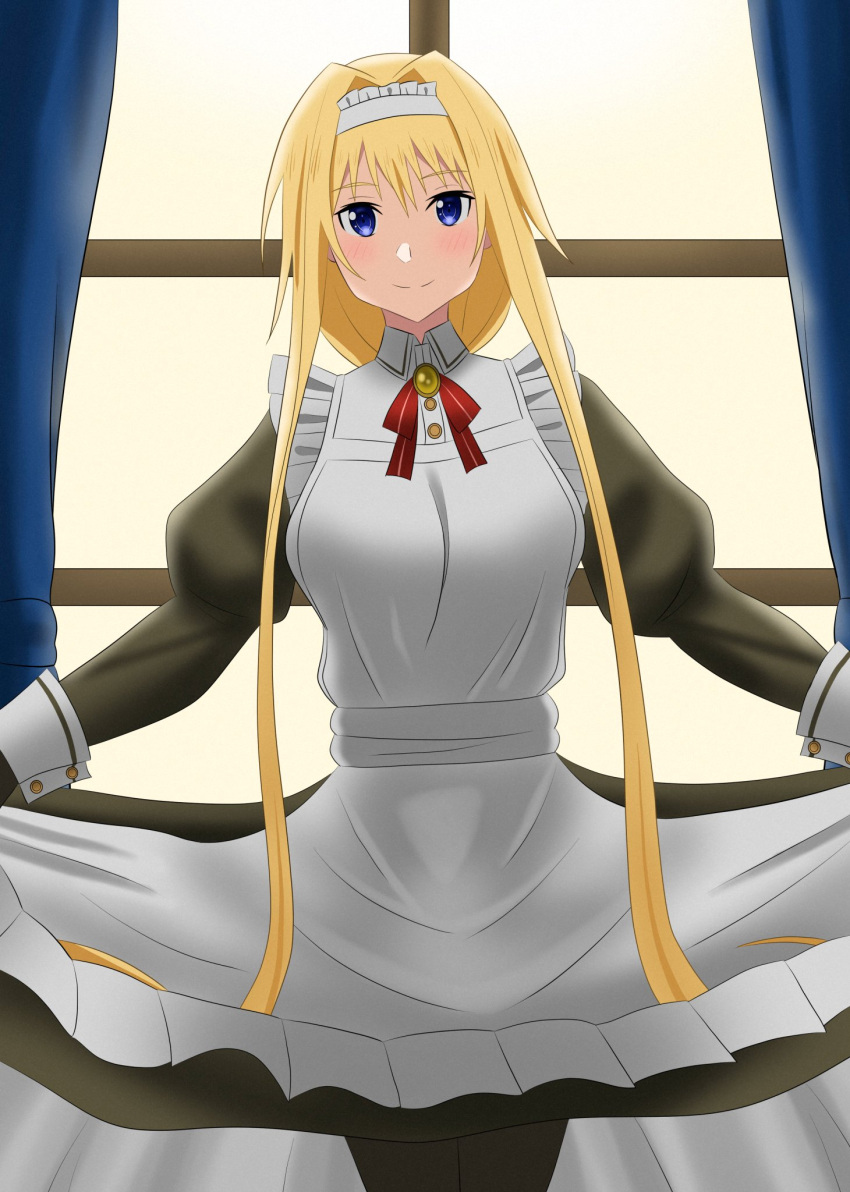 1girl alice_zuberg alternate_costume apron black_gloves black_legwear blonde_hair blue_curtain blue_eyes breasts curtains enmaided gloves hedgehog_(harinezumi) highres long_hair looking_at_viewer maid maid_apron maid_headdress medium_breasts pantyhose sidelocks solo sword_art_online sword_art_online:_alicization window