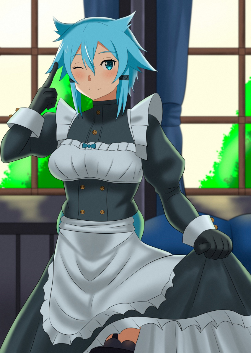 1girl ;) alternate_costume apron black_gloves black_legwear blue_curtain blue_eyes blue_hair blush clothes_lift curtains enmaided garter_straps gloves hair_between_eyes hedgehog_(harinezumi) highres lace-trimmed_legwear lace_trim maid maid_apron one_eye_closed pointing pointing_at_viewer short_hair sinon skirt skirt_lift smile solo sword_art_online thighhighs white_apron window