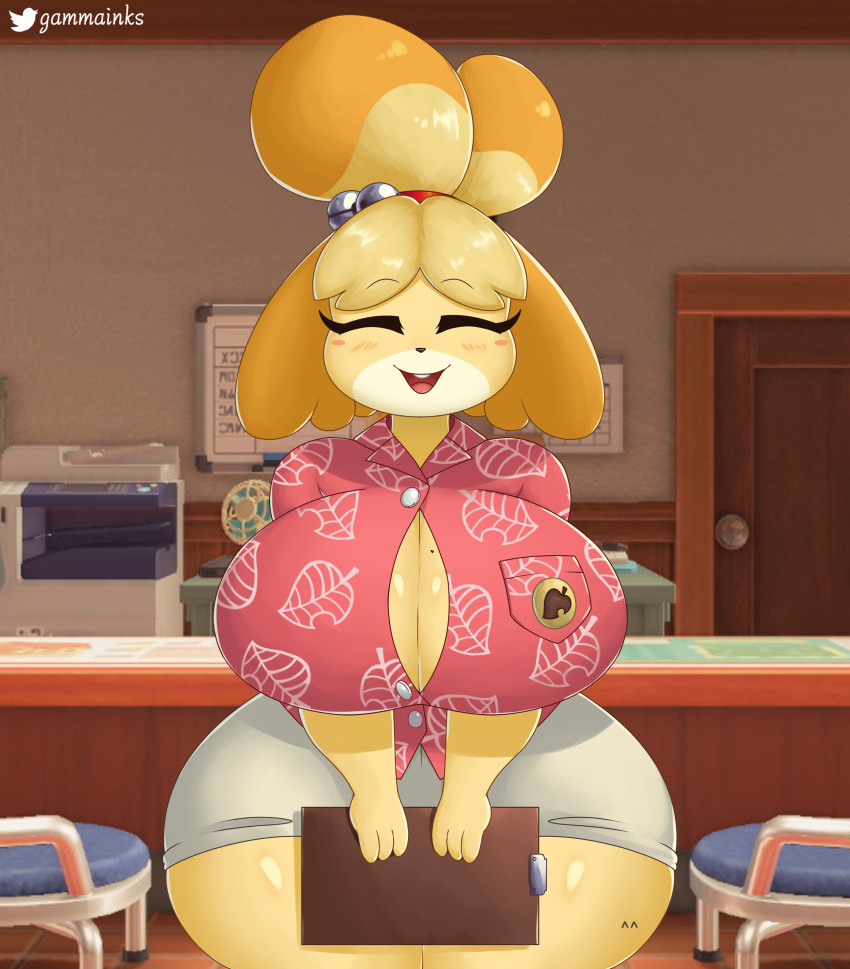 2022 absurd_res animal_crossing anthro big_breasts blush breasts canid canine canis clipboard clothed clothing detailed_background digital_media_(artwork) domestic_dog eyebrows eyes_closed female fingers front_view gammainks hi_res huge_breasts inside isabelle_(animal_crossing) mammal nintendo open_mouth open_smile shih_tzu smile solo toy_dog video_games