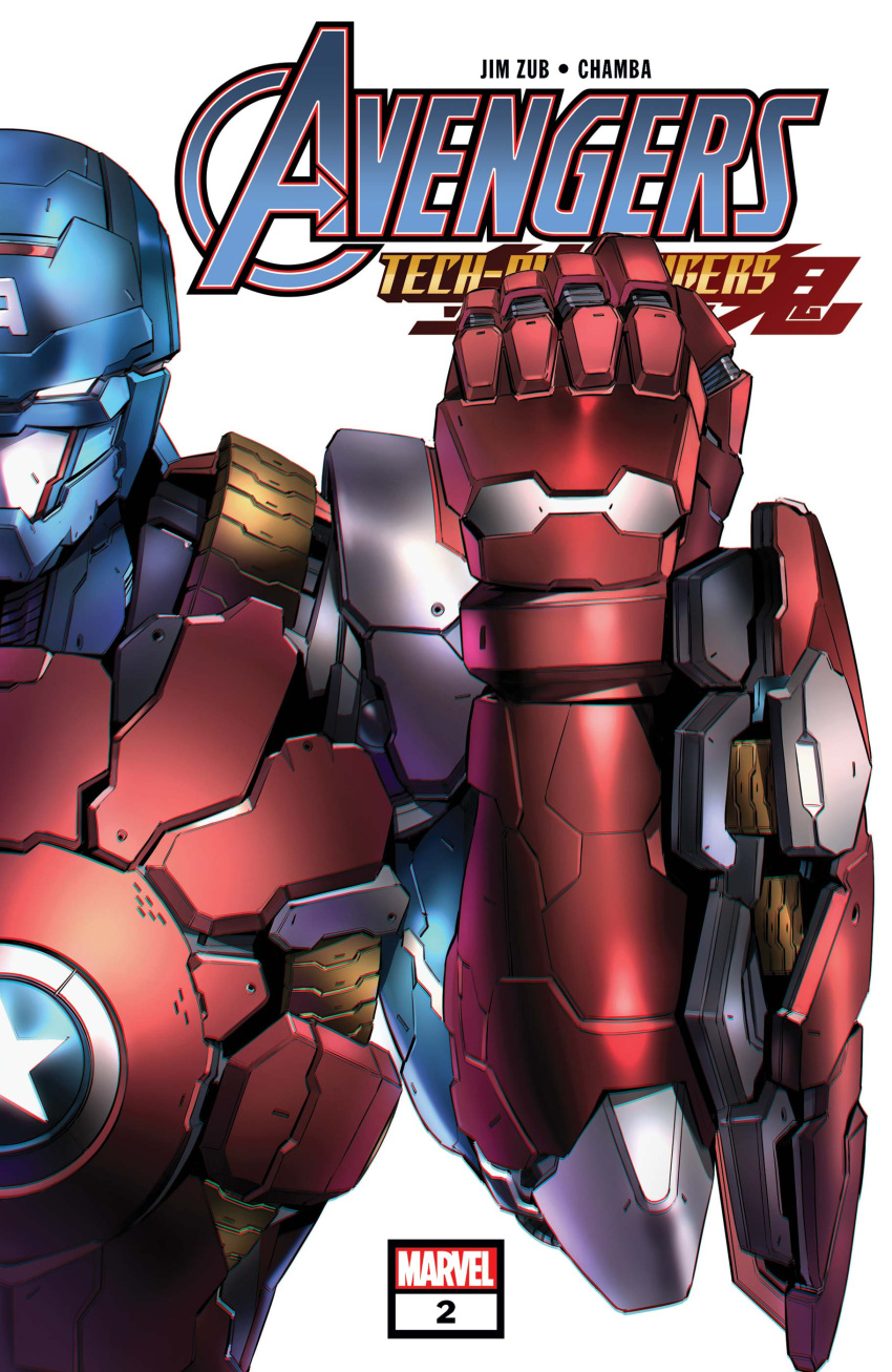 1boy absurdres avengers:_tech_on avengers_(series) captain_america clenched_hand comic_cover copyright_name cover cover_page glowing glowing_eye highres logo looking_at_viewer marvel official_art power_armor science_fiction shimizu_eiichi solo upper_body white_background white_eyes