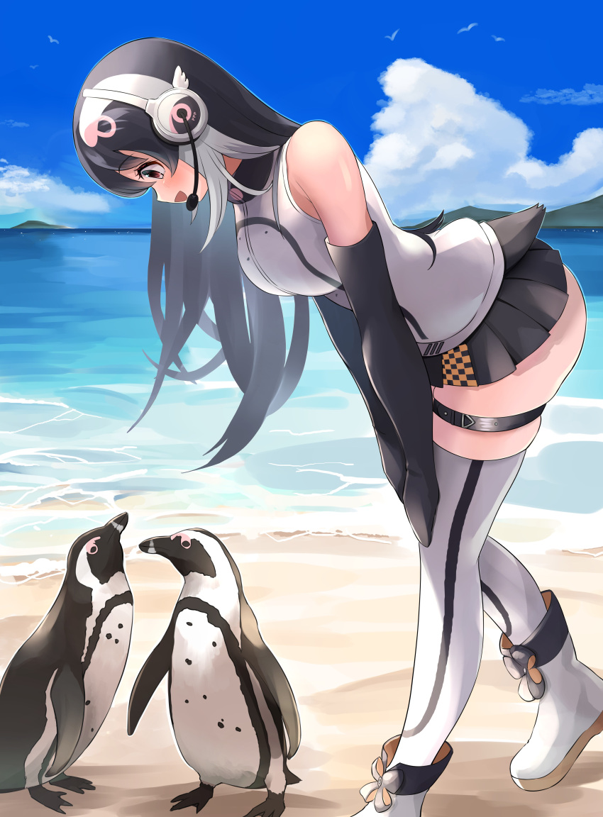 1girl absurdres african_penguin_(kemono_friends) animal_ears black_eyes black_gloves black_hair dragon_star2 gloves highres kemono_friends kemono_friends_v_project long_hair looking_at_viewer multicolored_hair necktie shirt shoes simple_background skirt smile solo tail virtual_youtuber white_shirt