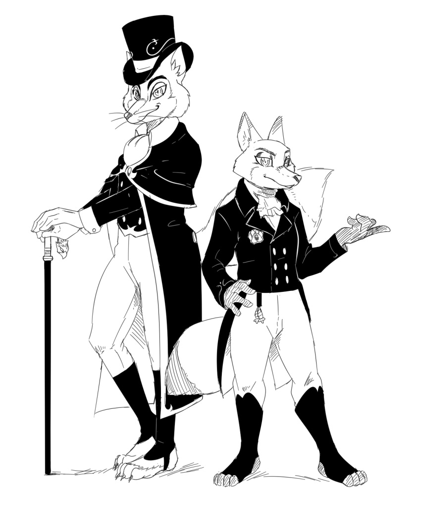 "honest"_john_foulfellow 2022 anthro ascot bottomwear brooch cane canid canine claws clothed clothing coat disney duo fox fur gloves handwear hat headgear headwear hi_res looking_at_viewer male mammal nick_wilde pants pose raised_tail reagan700 smile standing toe_claws top_hat topwear whiskers zootopia