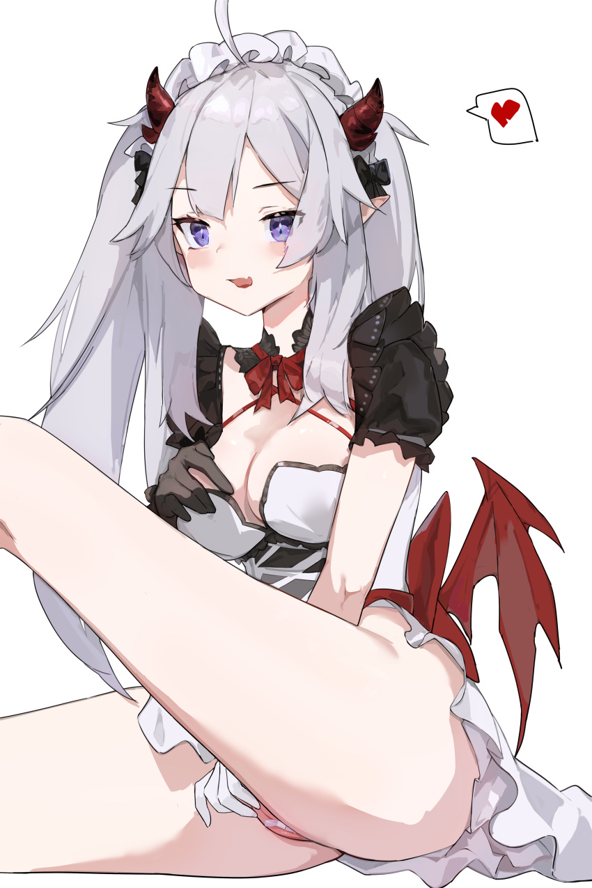 1girl absurdres bandaid bare_legs blue_eyes blush breasts cleavage demon_girl dress gloves gong_cha heart highres horns large_breasts long_hair looking_at_viewer maid_headdress masturbation naughty_face no_panties open_mouth pussy silver_hair simple_background sitting smile spoken_heart thighs vei_(vtuber) virtual_youtuber vshojo