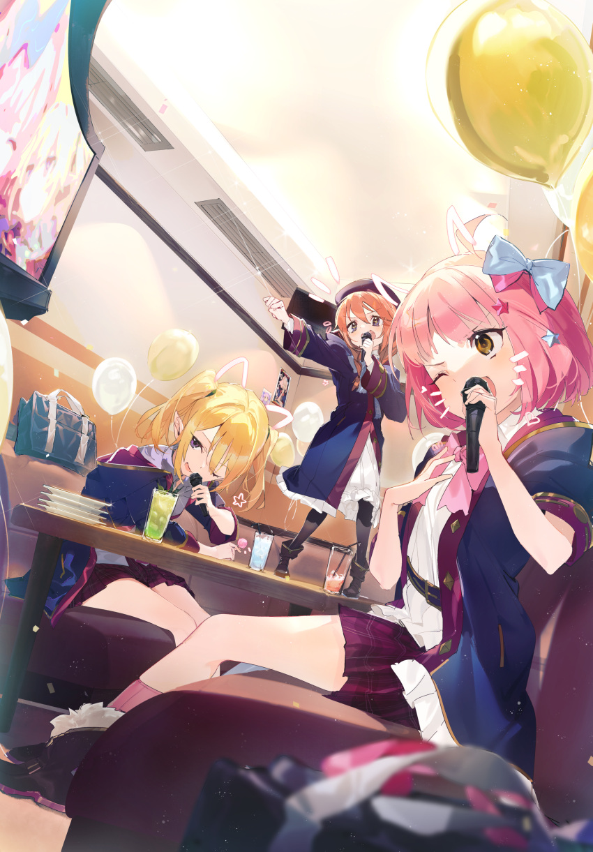 +_+ 3girls absurdres ahoge aida_(chinhung0612) bag balloon bangs blonde_hair blue_bow blue_eyes blue_jacket bow bowtie chieru_(princess_connect!) chloe_(princess_connect!) cup drawn_ears drawn_whiskers drinking_glass drinking_straw elf hair_bow hat highres holding holding_microphone indoors jacket karaoke long_sleeves microphone multiple_girls music notice_lines on_table one_eye_closed open_clothes open_jacket open_mouth pink_bow pink_bowtie pink_hair plaid plaid_skirt plate pointy_ears princess_connect! purple_eyes red_sky shirt shoes singing sitting skirt sky socks standing table twintails white_shirt yellow_eyes yuni_(princess_connect!)