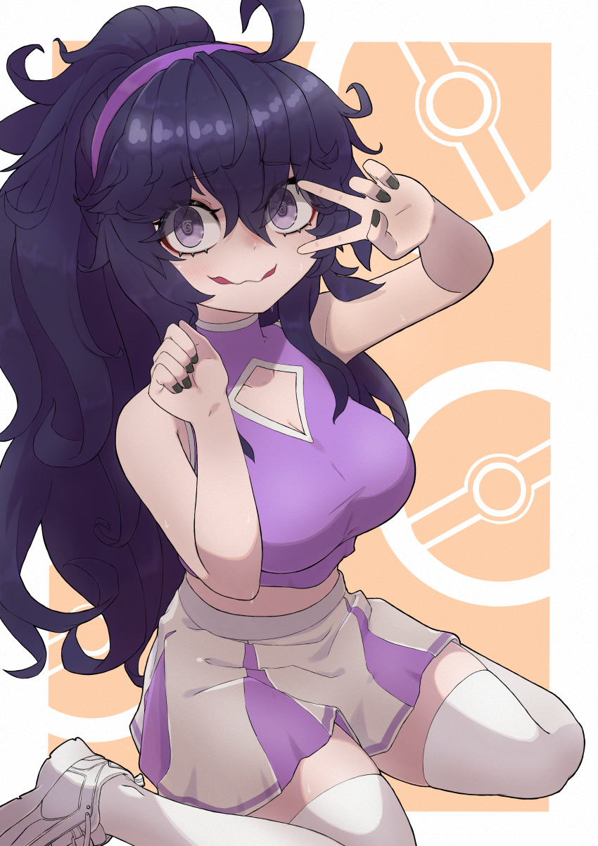 1girl @_@ absurdres ahoge alternate_breast_size alternate_costume alternate_hairstyle arm_up armpits bangs blush border breasts cheerleader cleavage_cutout clothing_cutout commentary_request crop_top crop_top_overhang crossed_bangs eyebrows_visible_through_hair hairband halter_top halterneck hex_maniac_(pokemon) highres impossible_clothes jaguarsee large_breasts long_hair looking_at_viewer messy_hair midriff miniskirt navel open_mouth orange_background outside_border patterned_background pleated_skirt poke_ball pokemon pokemon_(game) pokemon_xy ponytail purple_hairband purple_shirt purple_skirt r shirt shoes sitting skirt sleeveless sleeveless_shirt smile sneakers solo stomach sweat sweatdrop thighhighs two-tone_skirt v v_over_eye wariza wavy_mouth white_background white_border white_footwear white_legwear white_skirt