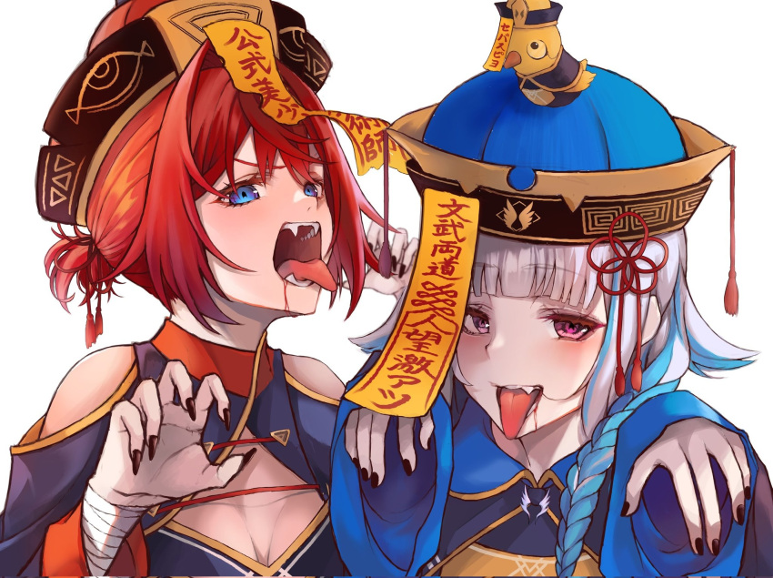 2girls akechi_(akechi_5416) ange_katrina animal_on_head bird bird_on_head black_dress black_nails blue_hair blue_headwear braid breasts claw_pose cleavage cleavage_cutout clothing_cutout dress grey_hair highres jiangshi_costume lize_helesta monocle multiple_girls nijisanji on_head outstretched_arms purple_eyes red_headwear sebastian_piyodore short_hair shoulder_cutout tongue tongue_out virtual_youtuber zombie_pose