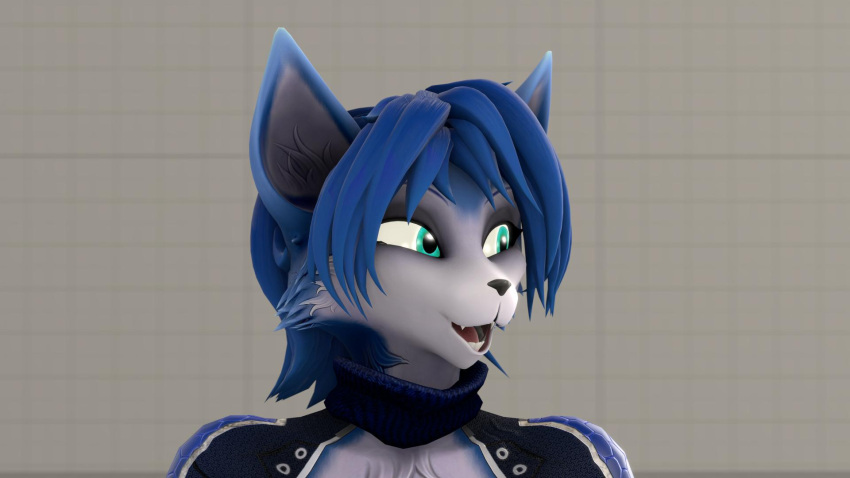 2020 3d_(artwork) anthro blue_body blue_ears blue_fur blue_hair bodysuit canid canine clothing digital_media_(artwork) female fox fur green_eyes grey_background hair hi_res krystal mammal multicolored_body multicolored_ears multicolored_fur nintendo open_mouth signature silvarus simple_background skinsuit solo spacesuit star_fox tight_clothing video_games white_body white_fur white_inner_ear
