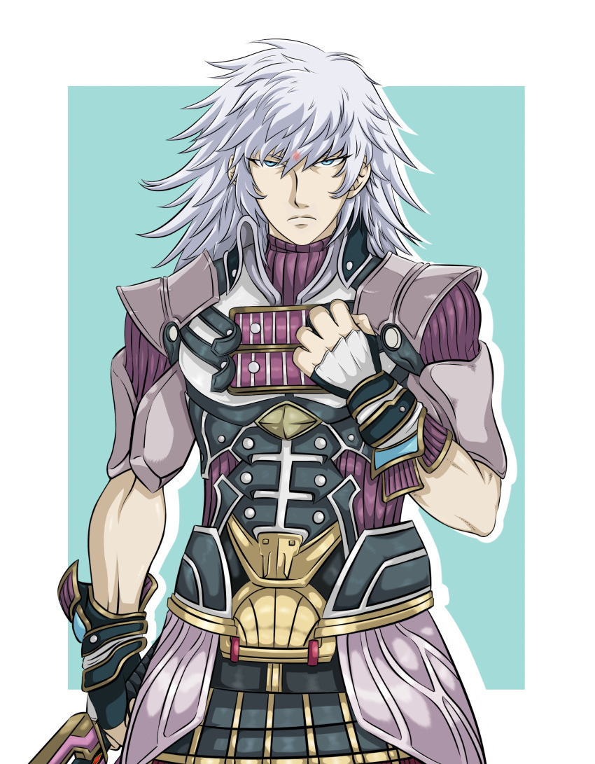 1boy absurdres arm_guards armor belt blue_eyes clenched_hand collar collared_shirt ememtrp fingerless_gloves glaring gloves highres jin_(xenoblade) long_hair muscular muscular_male pale_skin plate_armor purple_shirt shirt silver_hair simple_background sword_hilt xenoblade_chronicles_(series) xenoblade_chronicles_2