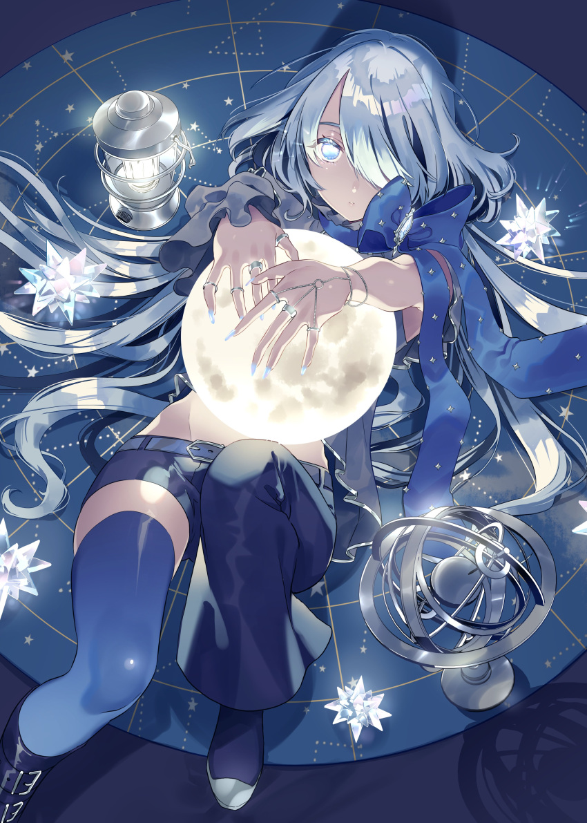1girl absurdres asymmetrical_footwear boots constellation gem hazuki_mizuho high_heels highres holding jewelry lamp looking_at_viewer looking_up lying medium_hair mismatched_footwear nail on_back on_ground original ring silver_hair solo solo_focus thighhighs