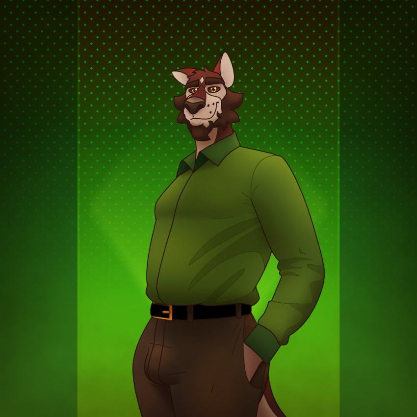 anthro belt bulge canid canine canis clothing dress_pants dress_shirt facial_hair hand_in_pocket male mammal olive_(olivepup_00) olivepup_00 pockets shirt slightly_chubby solo topwear wolf