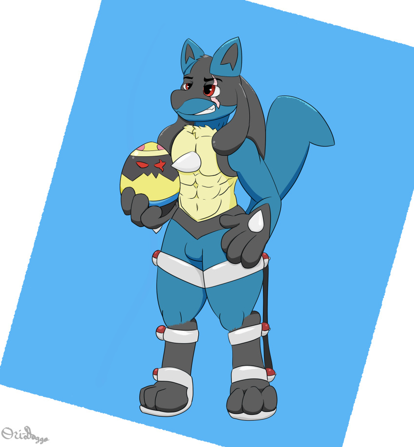 absurd_res anthro disability egg father hi_res hybrid_pokemon leg_braces lucario male nintendo ori-doggo parent pichu pok&eacute;mon pok&eacute;mon_(species) proud riolu smile solo video_games