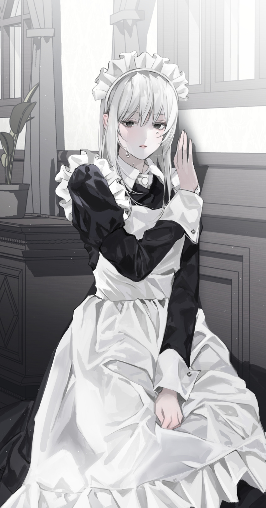 1girl absurdres against_wall apron bangs black_dress black_eyes collared_dress curtains dress empty_eyes frilled_apron frills hand_on_wall hand_up highres indoors juliet_sleeves long_hair long_sleeves looking_at_viewer lvl229 maid maid_apron maid_headdress original parted_lips plant potted_plant puffy_sleeves silver_hair sitting solo tears wall wet white_apron window
