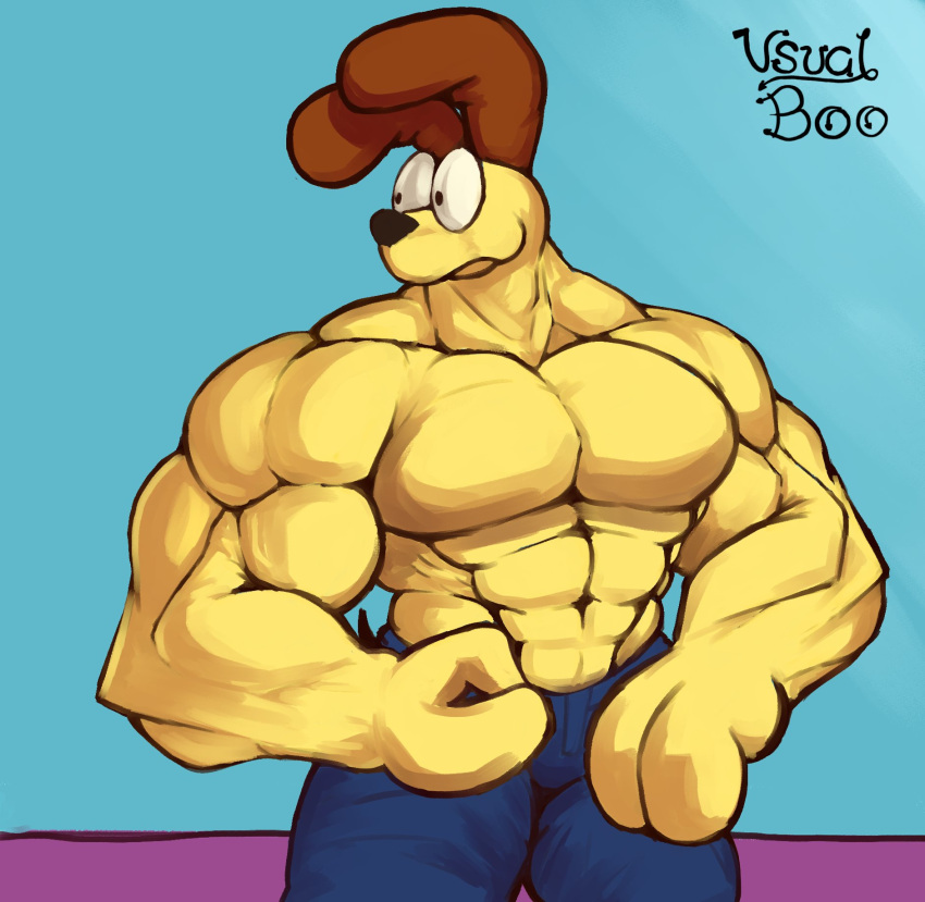2021 abs anthro biceps big_muscles big_pecs blue_background bottomwear brown_body brown_fur canid canine canis clothed clothing colored denim denim_clothing digital_drawing_(artwork) digital_media_(artwork) domestic_dog flexing fur garfield_(series) hi_res jeans looking_away male mammal muscular muscular_anthro muscular_male odie_the_dog pants pecs purple_background shaded signature simple_background solo topless unusualboo54 yellow_body yellow_fur