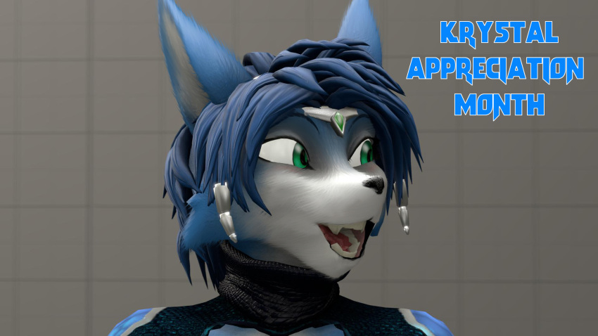 2020 3d_(artwork) anthro blue_body blue_ears blue_fur blue_hair bodysuit canid canine clothing digital_media_(artwork) female fox fur green_eyes grey_background hair hi_res jewelry krystal krystal_appreciation_month mammal multicolored_body multicolored_ears multicolored_fur nintendo open_mouth signature silvarus silver_(metal) silver_jewelry simple_background skinsuit solo spacesuit star_fox teeth text tight_clothing tribal tribal_jewelry video_games white_body white_fur white_inner_ear