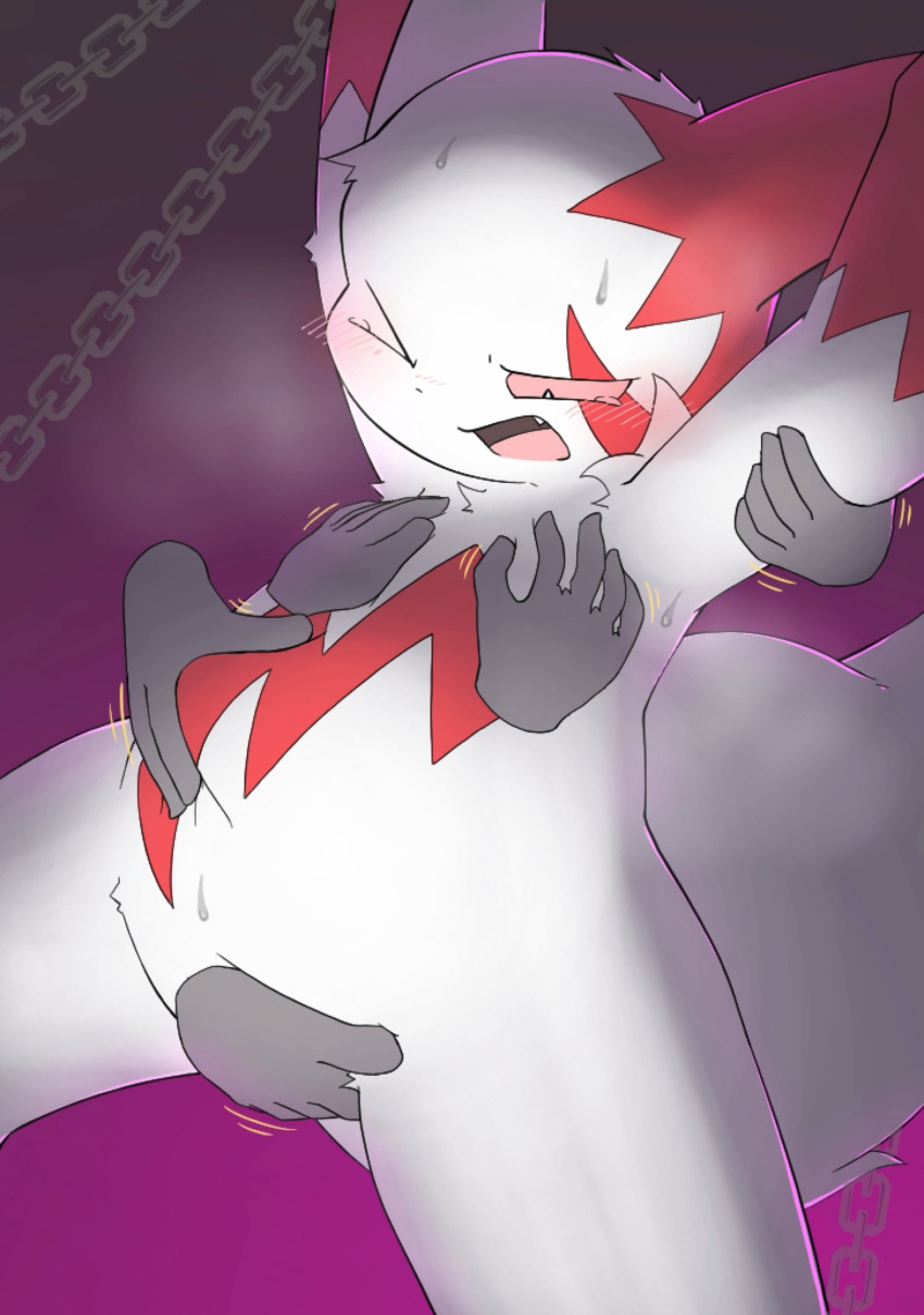 absurd_res anthro belly blush chain disembodied_hand embarrassed featureless_crotch fur grope groping_chest hi_res matchstick_39 nintendo pinching_belly pok&eacute;mon pok&eacute;mon_(species) rubbing_crotch slightly_chubby video_games white_body white_fur zangoose