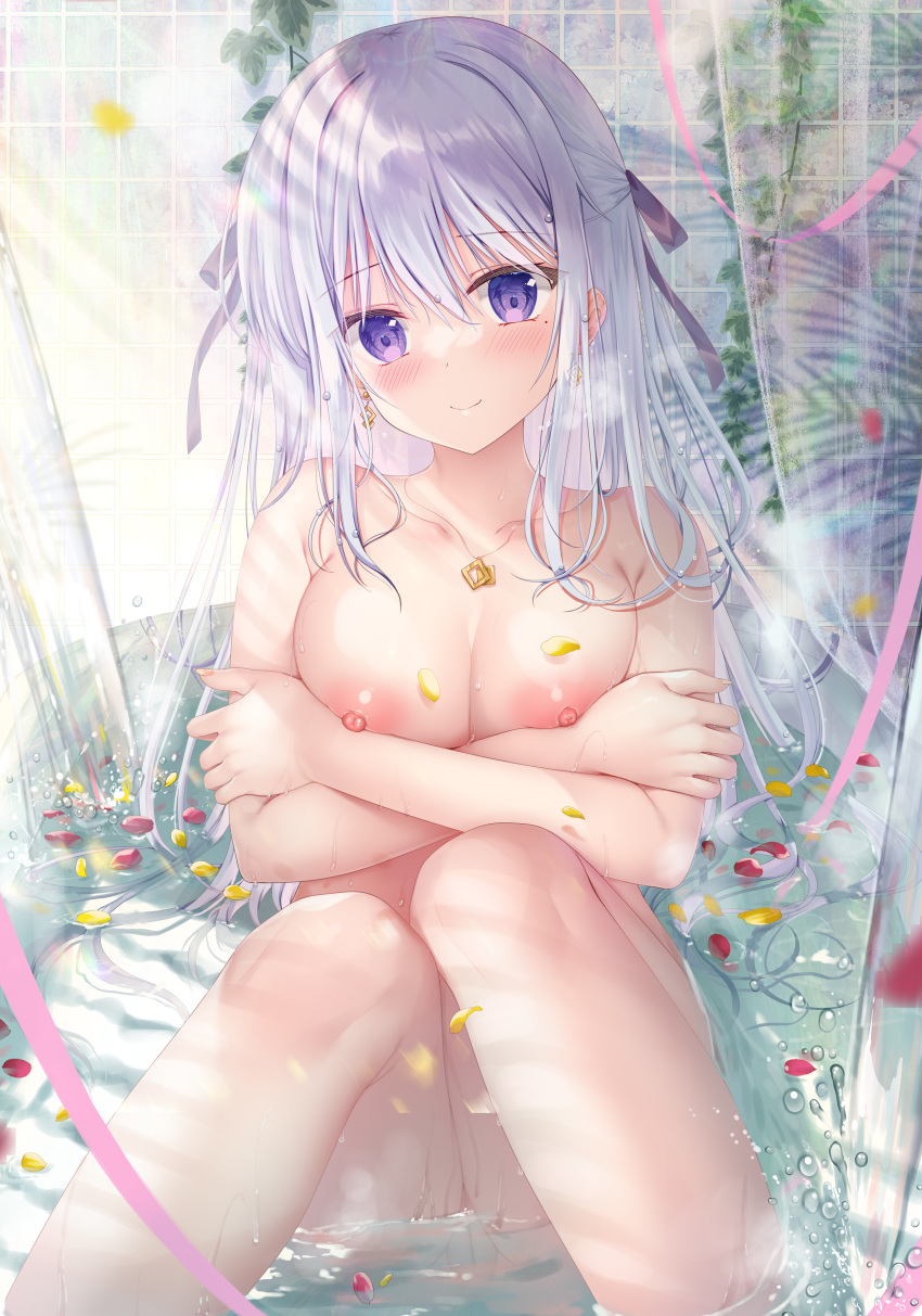 1girl absurdres bangs bare_shoulders bath bathing bathroom bathtub blush breasts closed_mouth collarbone crossed_arms day earrings eyebrows_visible_through_hair feet_out_of_frame hair_between_eyes hair_ribbon highres hiiraki_asuka jewelry knees_together_feet_apart large_breasts long_hair looking_at_viewer mole mole_under_eye necklace nipples nude original partially_submerged petals petals_on_liquid pink_ribbon plant purple_eyes pussy ribbon silver_hair sitting smile solo sousouman steam tile_wall tiles twinbox_school uncensored water wet