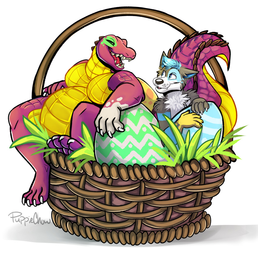 alligator alligatorid anthro basket belly big_egg big_tail blue_eyes canid canine canis container cosmicwuffy crocodilian domestic_dog duo easter easter_basket easter_egg fur grass hi_res holidays husky male male/male mammal nordic_sled_dog paint painting plant puppiechow purple_body reptile scales scalie scaly_tail sergio_the_buff sitting smile spitz toothy_grin yellow_belly