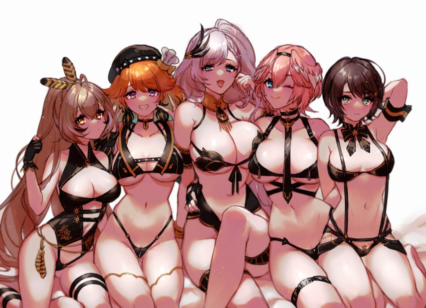 5girls :d ;) bikini black_gloves black_necktie blue_eyes breasts brown_eyes brown_hair chef_hat choker collarbone crossed_legs earrings feather_earrings feather_hair_ornament feathers front-tie_bikini front-tie_top garter_belt gloves gradient_hair green_eyes grin hair_ornament hat head_wings hololive hololive_english hololive_indonesia jewelry kneeling large_breasts long_hair looking_at_viewer mamaloni matching_outfit medium_breasts midriff multicolored_hair multiple_girls nanashi_mumei navel necklace necktie one_eye_closed oozora_subaru open_mouth orange_hair partially_fingerless_gloves pavolia_reine ponytail purple_eyes pussy pussy_peek red_hair short_hair simple_background sitting skindentation smile swimsuit takanashi_kiara takane_lui thighhighs trait_connection very_long_hair virtual_youtuber white_background