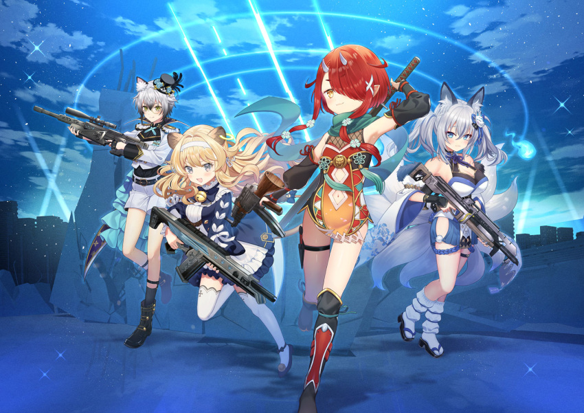 4girls ak-47 animal_ear_fluff animal_ears armpits assault_rifle bangs bell belt black_footwear black_hair black_legwear black_nails black_shirt blonde_hair blue_eyes blue_footwear blue_jacket blue_nails boots bow breasts cape cat_ears cat_girl cat_tail cleavage cleavage_cutout clothing_cutout cloud commentary_request concrete detached_sleeves dress dual_wielding earrings epaulettes eyebrows_visible_through_hair eyeliner finger_on_trigger fingerless_gloves floral_print flower fox_ears fox_girl fox_mask fox_tail frilled_dress frills fur_trim gathers gloves gradient_hair grey_eyes grey_hair gun hair_between_eyes hair_intakes hair_ornament hair_over_one_eye hair_ribbon hairband hakama hakama_short_skirt hakama_skirt hat hat_feather hat_flower hip_vent hitodama holding holding_gun holding_sword holding_weapon hoozuki_warabe horns inari_iroha jacket japanese_clothes jewelry jika-tabi jingle_bell kalashnikov_rifle kunai large_breasts leg_warmers lion_ears lion_girl lion_tail long_hair looking_at_viewer makeup mask mini_hat mini_top_hat monocle multicolored_hair multicolored_nails multiple_girls multiple_tails navel navel_cutout nekozeno_shin night night_sky nontraditional_miko noripro obi okanoyuno okobo omamori oni oni_horns open_mouth outdoors pelvic_curtain pointy_ears pom_pom_(clothes) red_hair regrush_lionheart ribbon rifle sash scarf searchlight shin_guards shirt short_hair short_hair_with_long_locks shorts sidelocks skirt sky skyline slit_pupils smile sock_garters socks sparkle sword tabi tail tail_bell tail_ornament tail_ribbon thigh_strap thighhighs top_hat tsurime twintails v-shaped_eyebrows virtual_youtuber wavy_hair weapon white_dress white_jacket white_legwear white_nails white_shorts wide_sleeves yellow_eyes