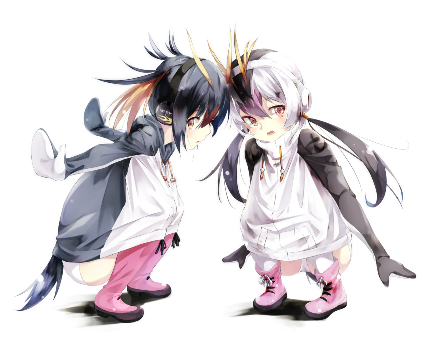 2girls antenna_hair bangs bird_tail black_hair boots commentary_request drawstring eyebrows_visible_through_hair full_body gorilla_(bun0615) hair_between_eyes headphones highres jacket kemono_friends knees_to_chest long_hair long_sleeves looking_at_viewer medium_hair multicolored_eyes multicolored_hair multiple_girls orange_hair outstretched_arms parted_lips penguin_tail pink_eyes pink_hair red_hair rockhopper_penguin_(kemono_friends) royal_penguin_(kemono_friends) shoes simple_background spread_arms squatting tail twintails white_background white_hair yellow_eyes