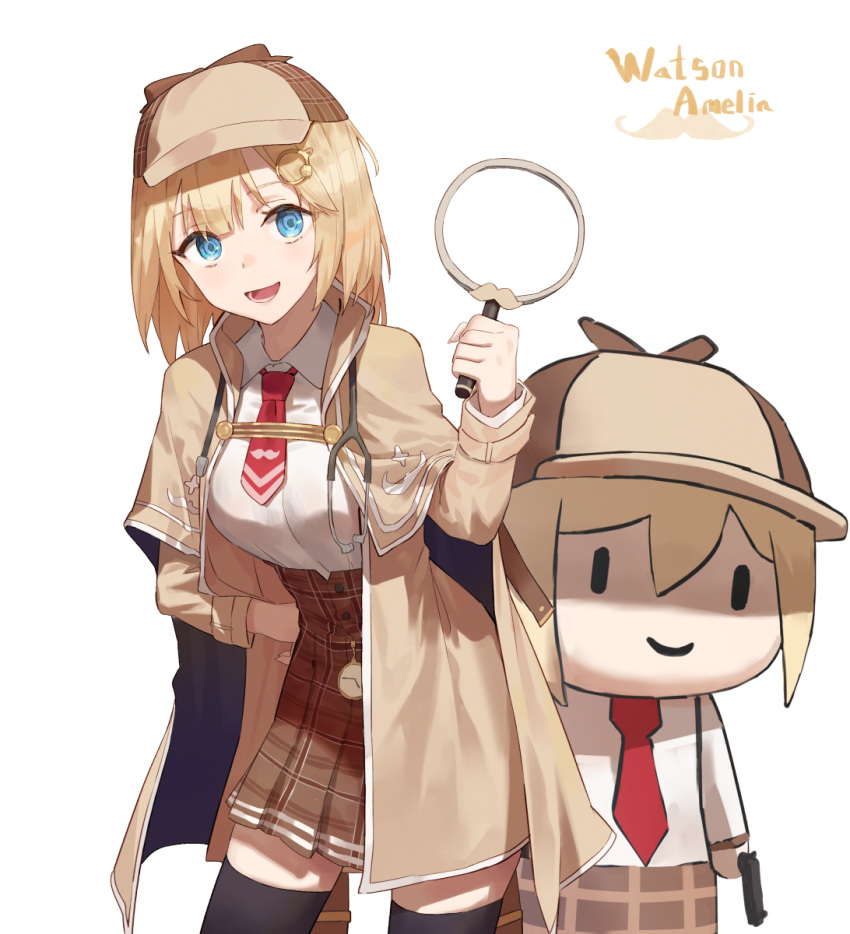 2girls bangs black_legwear blonde_hair blue_eyes breasts brown_capelet brown_coat brown_headwear brown_skirt capelet character_name chibi closed_mouth coat collared_shirt contrapposto deerstalker detective dual_persona eyebrows_visible_through_hair gun hair_between_eyes hair_ornament hand_on_hip handgun hat high-waist_skirt highres holding holding_gun holding_magnifying_glass holding_weapon hololive hololive_english large_breasts long_sleeves looking_at_viewer magnifying_glass medium_hair monocle_hair_ornament multiple_girls necktie open_clothes open_coat open_mouth pistol plaid plaid_skirt red_necktie shirt simple_background skirt smile smol_ame stethoscope tesin_(7aehyun) thighhighs watch watson_amelia weapon white_background white_shirt zettai_ryouiki