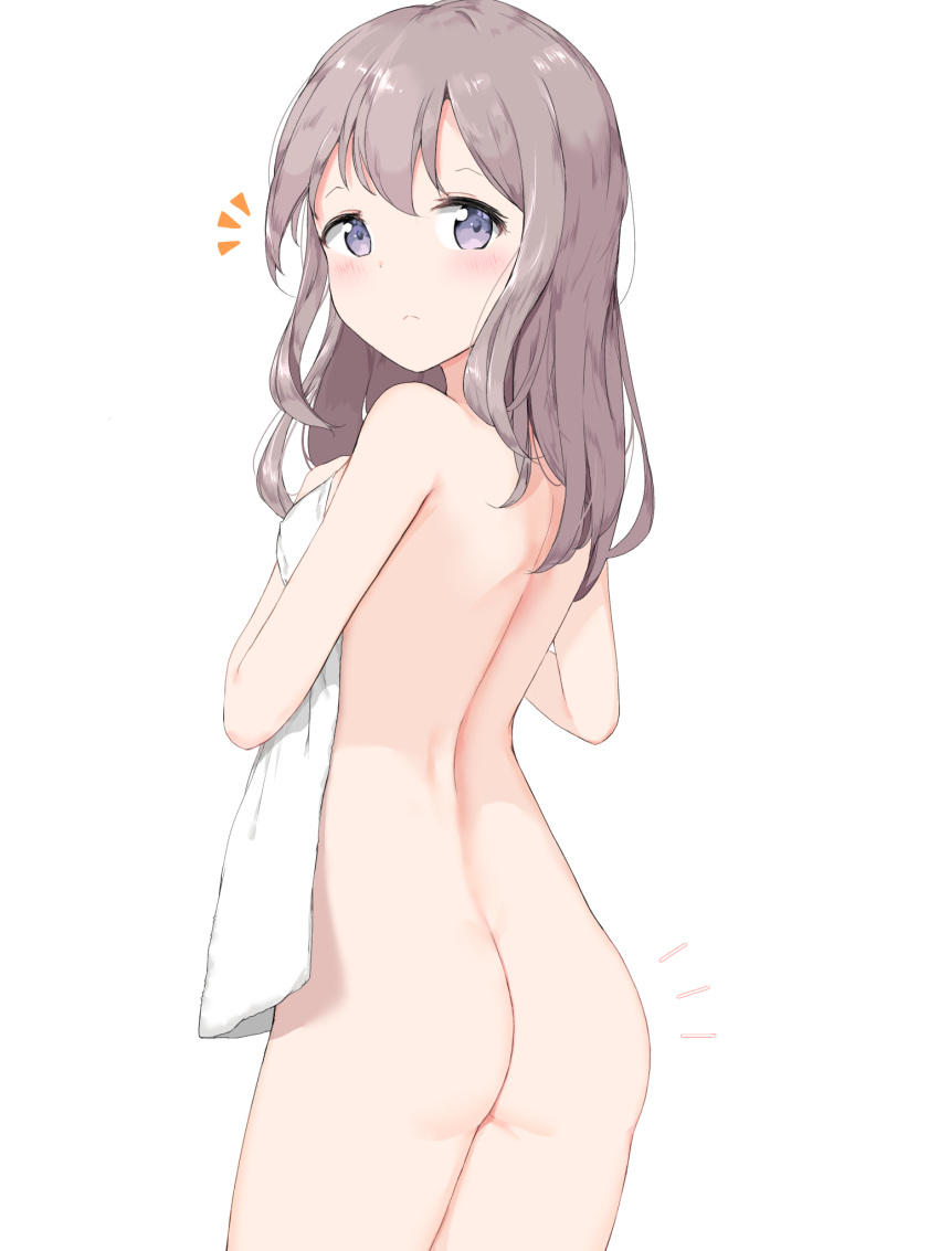 1girl ass bangs blush breasts brown_hair closed_mouth commentary_request covering from_behind grey_eyes hands_up highres long_hair looking_at_viewer looking_back notice_lines nude_cover original simple_background small_breasts solo towel white_background zagashira
