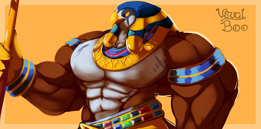 2021 african_mythology anthro armband avian big_pecs bird brown_body brown_feathers clothed clothing colored deity digital_drawing_(artwork) digital_media_(artwork) egyptian_clothing egyptian_headdress egyptian_mythology falcon falconid feathers gem gold_(metal) gold_jewelry hi_res holding_object horus jewelry male middle_eastern_mythology muscular muscular_anthro muscular_male mythology pecs shaded signature solo staff topless unusualboo54 white_body white_feathers yellow_eyes