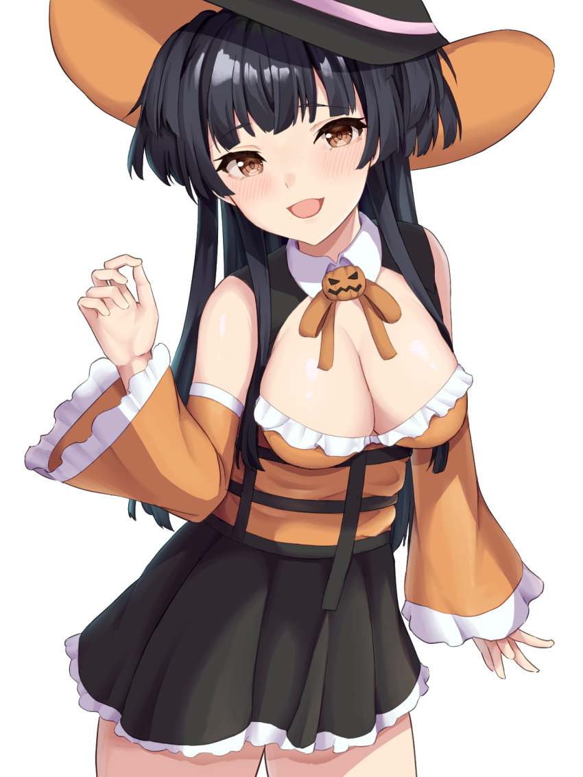 1girl 72_(mmmmkk) bangs bare_shoulders black_hair black_skirt blunt_bangs breasts brown_eyes cleavage commentary cowboy_shot detached_sleeves eyebrows_visible_through_hair frilled_sleeves frills hand_up hat highres idolmaster idolmaster_shiny_colors jack-o'-lantern_ornament leaning_to_the_side long_hair long_sleeves looking_at_viewer mayuzumi_fuyuko open_mouth shiny shiny_hair simple_background skirt smile solo thighs wide_sleeves witch_hat