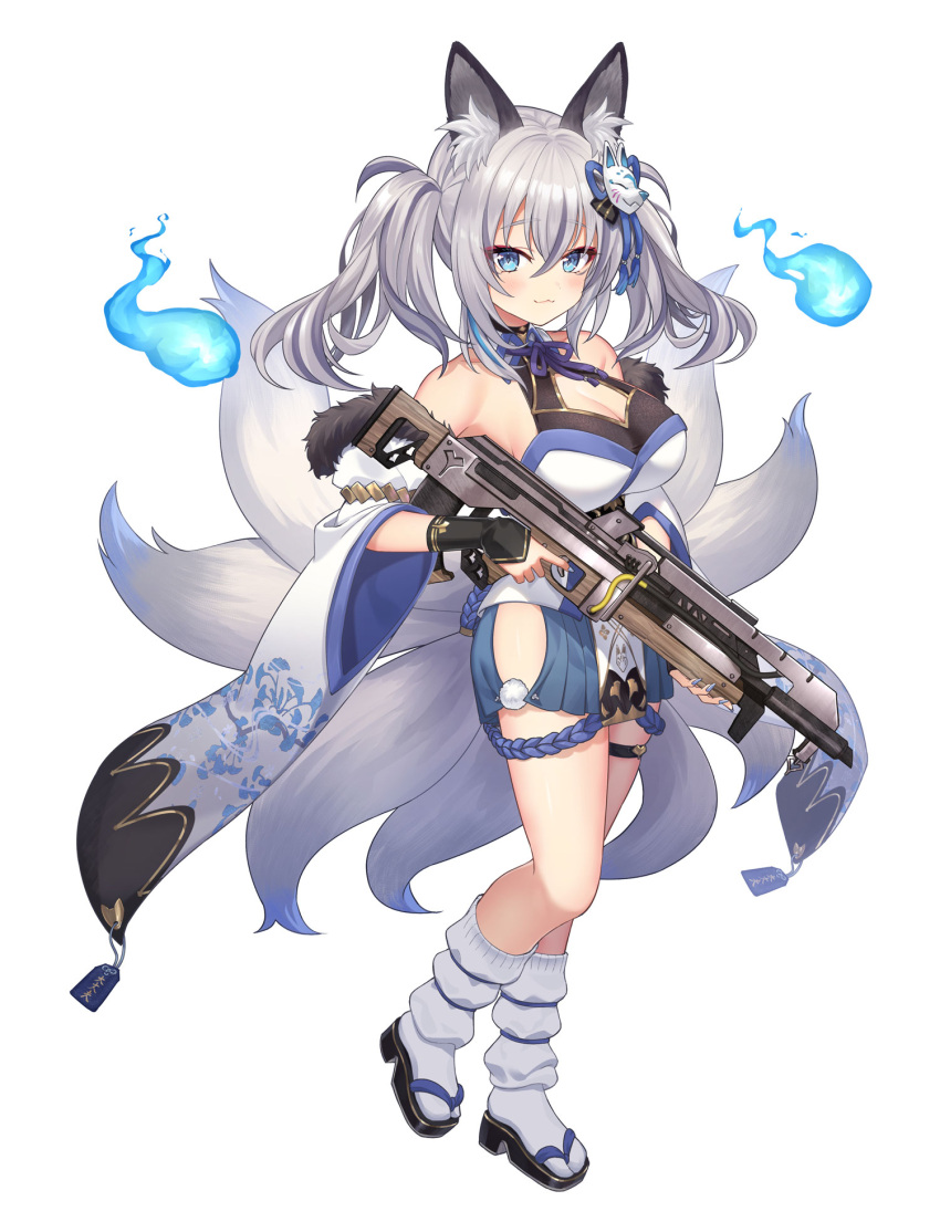 1girl animal_ear_fluff animal_ears bangs blue_eyes blue_nails breasts cleavage cleavage_cutout clothing_cutout detached_sleeves eyeliner finger_on_trigger fingerless_gloves floral_print fox_ears fox_girl fox_mask fox_tail full_body fur_trim gloves grey_hair gun hair_ornament hakama hakama_short_skirt hakama_skirt highres hip_vent hitodama holding holding_gun holding_weapon inari_iroha japanese_clothes large_breasts leg_warmers long_hair looking_at_viewer makeup mask multiple_tails nontraditional_miko noripro obi okanoyuno okobo omamori pelvic_curtain pom_pom_(clothes) sash simple_background skirt smile solo tabi tail thigh_strap tsurime twintails virtual_youtuber weapon white_background wide_sleeves