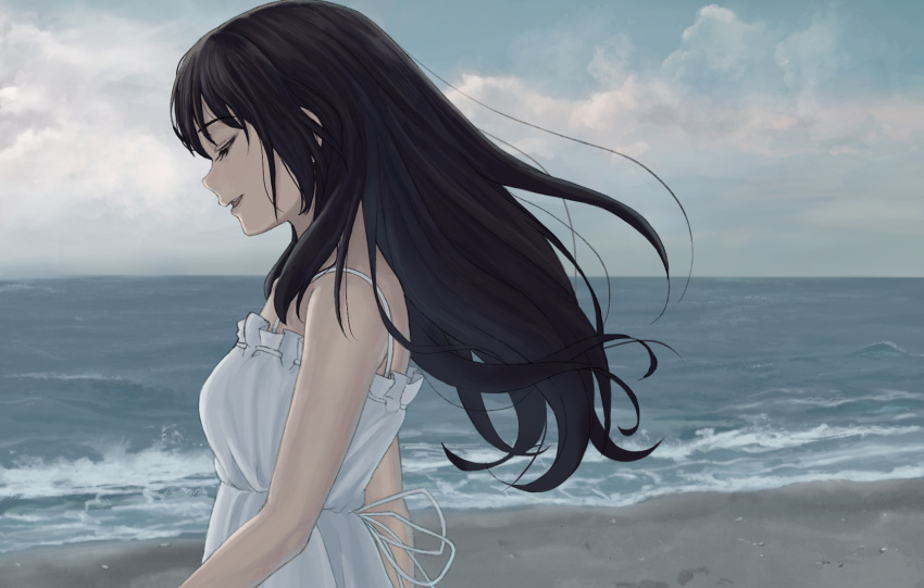 1girl bangs bare_shoulders beach black_hair closed_eyes cloud cloudy_sky dress hibike!_euphonium highres kousaka_reina long_hair ocean open_mouth outdoors raku_rakugaki sky sleeveless sleeveless_dress smile solo spaghetti_strap standing water white_dress