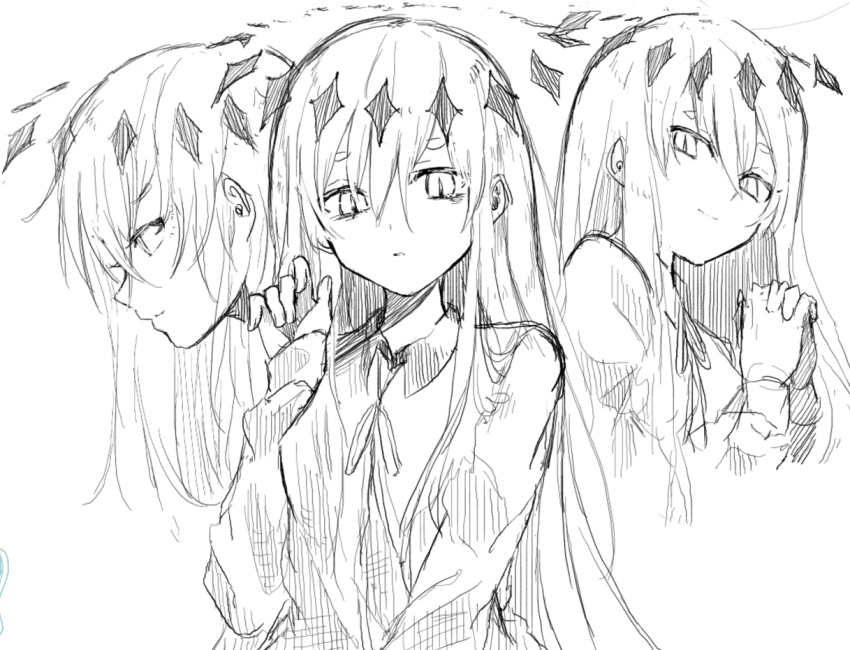 1girl bangs closed_mouth collared_shirt cropped_torso dress_shirt gekiyaku greyscale hair_between_eyes hand_up interlocked_fingers long_hair long_sleeves looking_at_viewer monochrome multiple_views neck_ribbon own_hands_clasped own_hands_together parted_lips poono ribbon shirt short_eyebrows simple_background sketch sleeves_past_wrists smile thick_eyebrows upper_body utau very_long_hair white_background